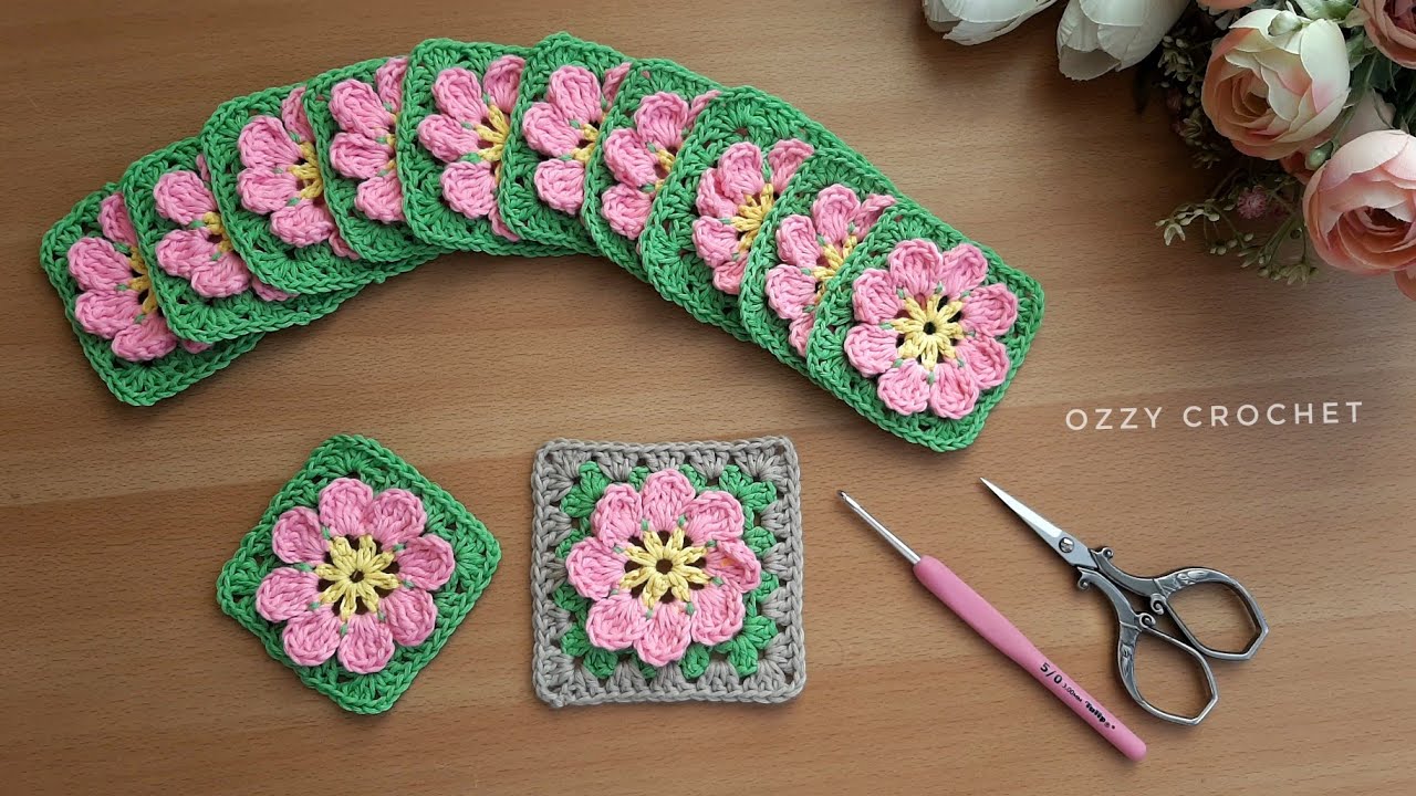 كروشيه مربع جراني وردة لعمل بطانية / كفر خدادية/ شال / مفرش  #granny_square