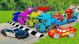 Double Flatbed Trailer Truck vs Speedbumps Train vs Cars - Tractor vs Train Beamng.Drive