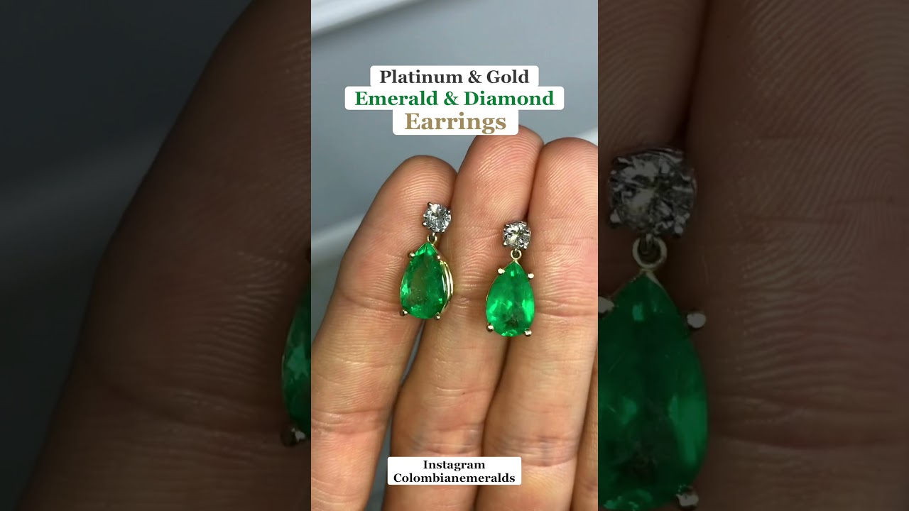 4.50tcw Tear Drop Rich Green Emerald & Round Diamond Dangle Earrings 18K Platinum