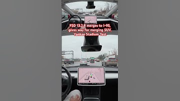 FSD 13.2.8 merges to I-95, gives way for merging SUV. Yankee Stadium Test  #teslafsd #fsdbeta #fsd