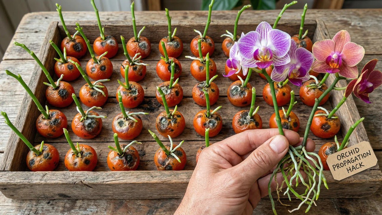 Insert orchid cutting into a tomato! A natural way to stimulate root growth.