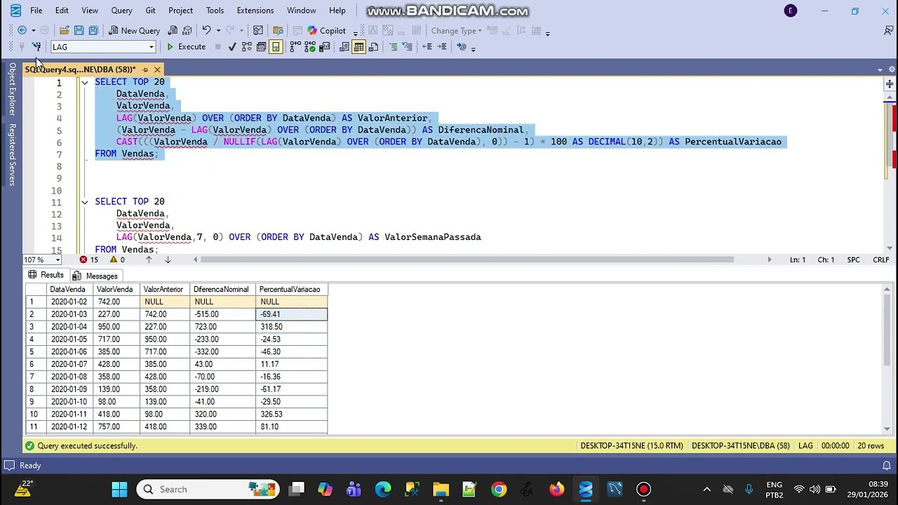 Uso da função LAG no SQL Server.