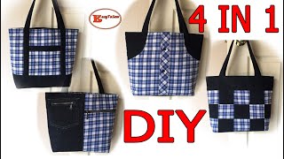 4 PATTERNS IN ONE BAG | TRANSFORM OLD CLOTHES IN TO AMAZING TOTE BAG | UPCYCLING OLD SHIRT IDEAS