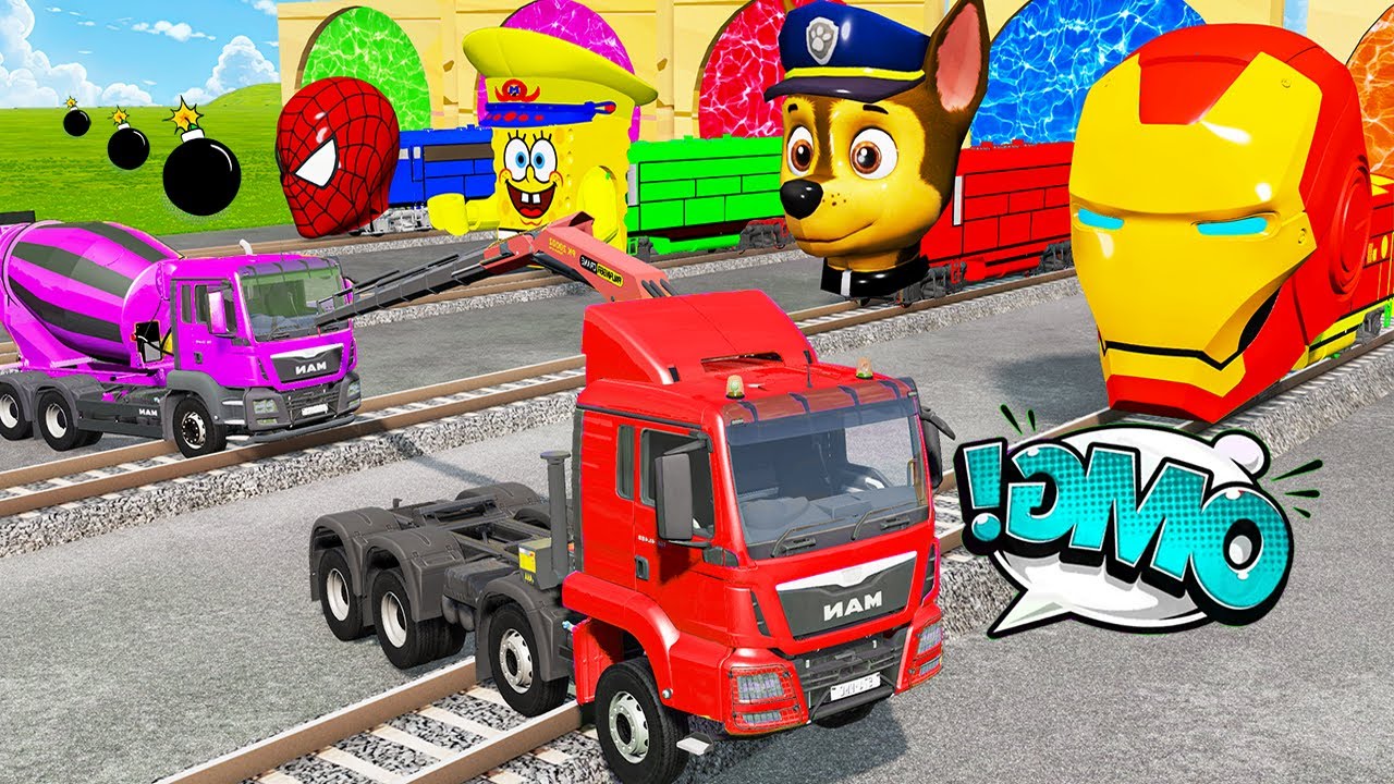 Flatbed Truck McQueen | Truck Transport Adventure - 5 Monster Trucks vs Super Police - BeamNG.Drive