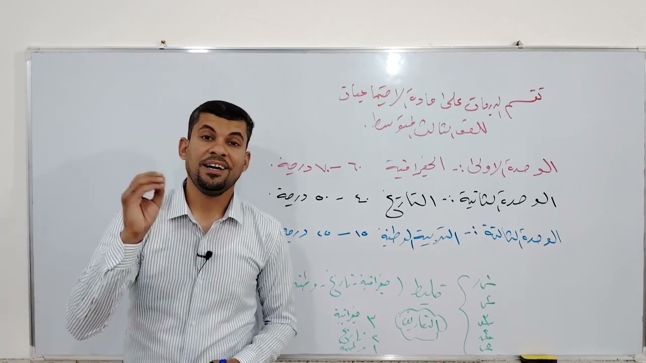 توزيع الدرجات على الوحدات لمادة اجتماعيات الصف الثالث المتوسط، وبعض الأسئلة . احمد جبار الدايني