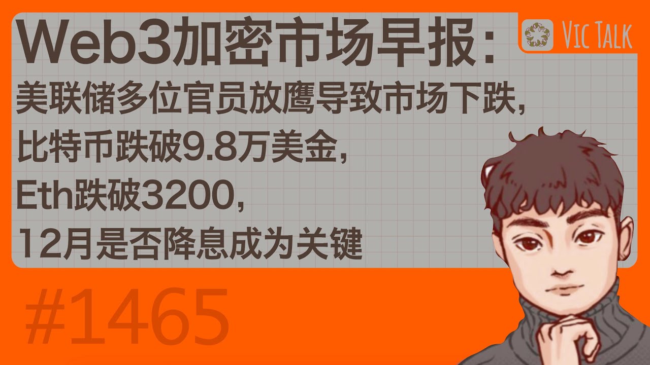 Web3加密市场早报：美联储多位官员放鹰导致市场下跌，比特币跌破9.8万美金，Eth跌破3200，12月是否降息成为关键【Vic TALK  第1465期】 - YouTube