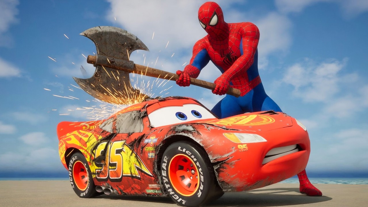 Giant Spider-Man with Axe CHASES Lightning McQueen! Deadly Trap