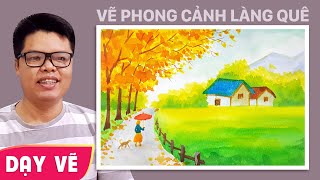 Dạy vẽ tranh phong cảnh làng quê mùa thu lá vàng - YouTube