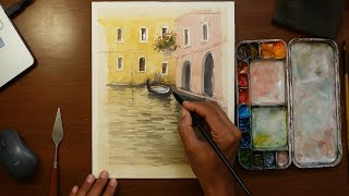 Watercolor Painting Tutorial: Serene Canal Scene with Boat screenshot 4