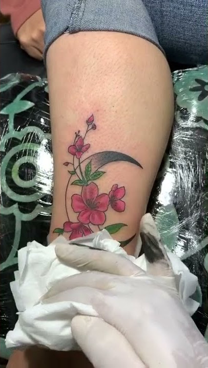Floral Flower Moon Cherry Blossom Ankle Tattoo Ideas for Women Leg