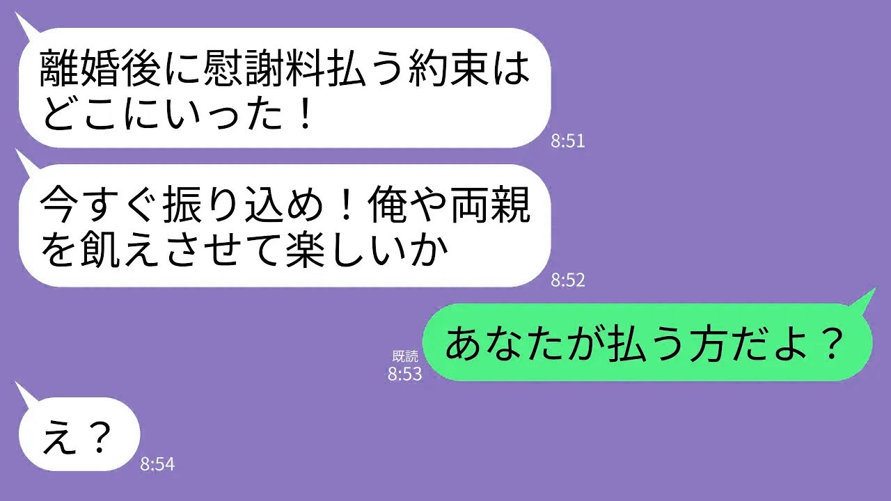 【LINE】離婚した翌月に生活費の催促をしてくる元夫「約束の支払いまだ？うちの両親飢えさせる気か？給料差し押さえんぞ」→私「あなたが慰謝料払うんだよ？」元夫「え？」