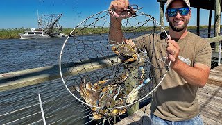 Netting LOTS OF CRABS From a Public Pier | Blue Crab Catch and Cook