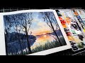 Easy sunset Lake Landscape in Watercolor