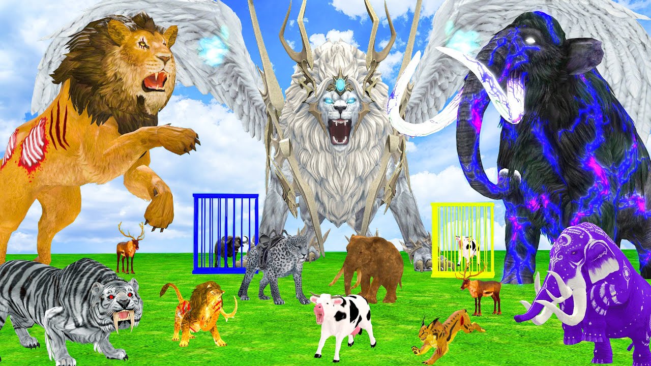 5 giant baby elephants fight Giant Bison Lion World vs 5 Tiger Saved By Wolly Mammoth