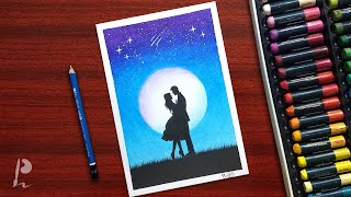 Romantic Couple Moonlight Scenery Drawing with Oil Pastels | PrabuDbz Art