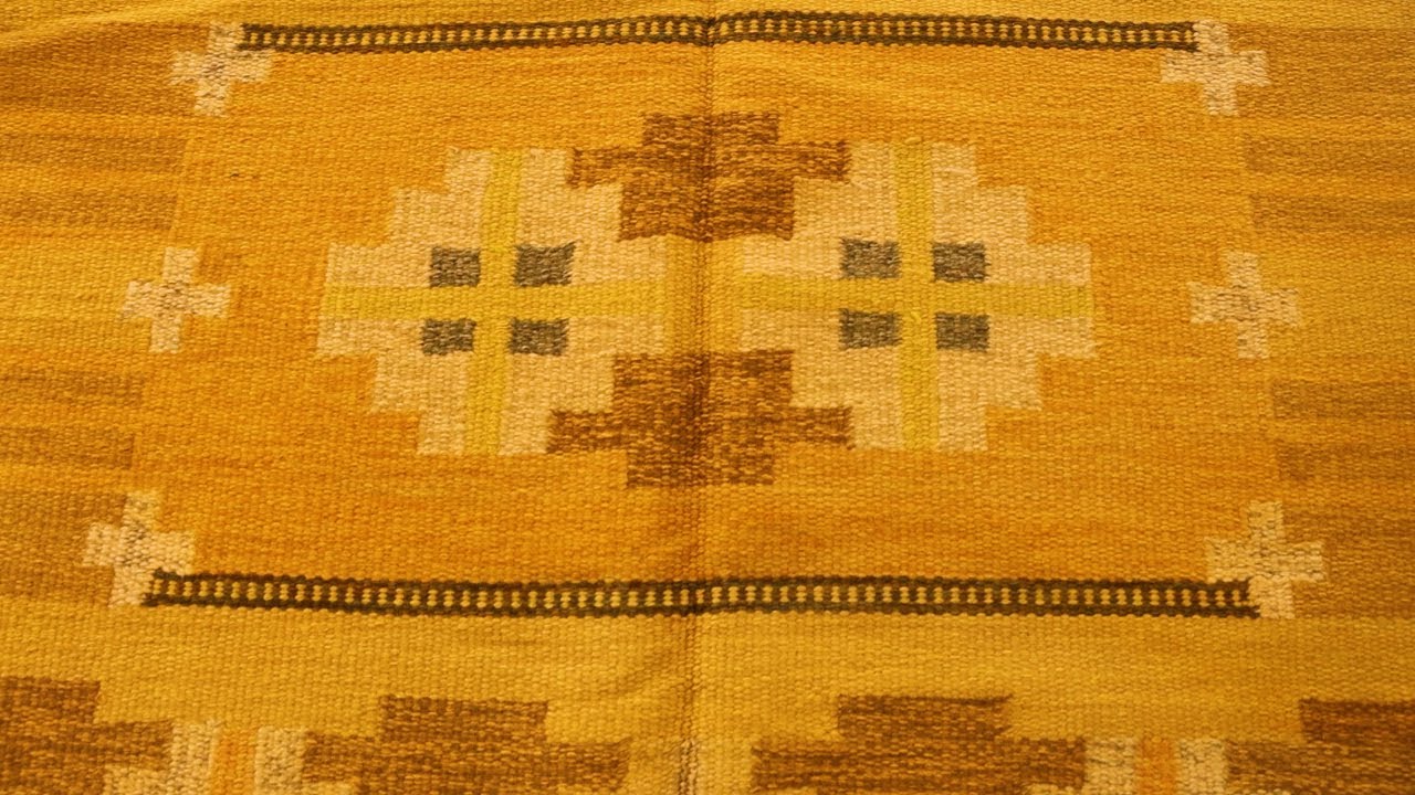 Mid-20th Century Yellow Swedish Flat-Weave Wool Rug Signed by Ingegerd Silow BB8964