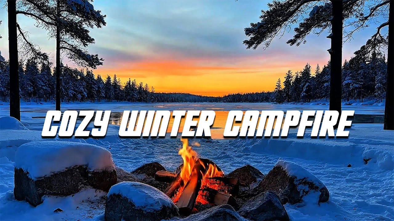 Winter Campfire by Frozen Lake ❄️🔥 Cozy Relaxing Nature Sounds | Sunset Ambience
