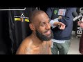 LeBron James speaks to the media after the Lakers’ win over the Spurs in the NBA Cup
