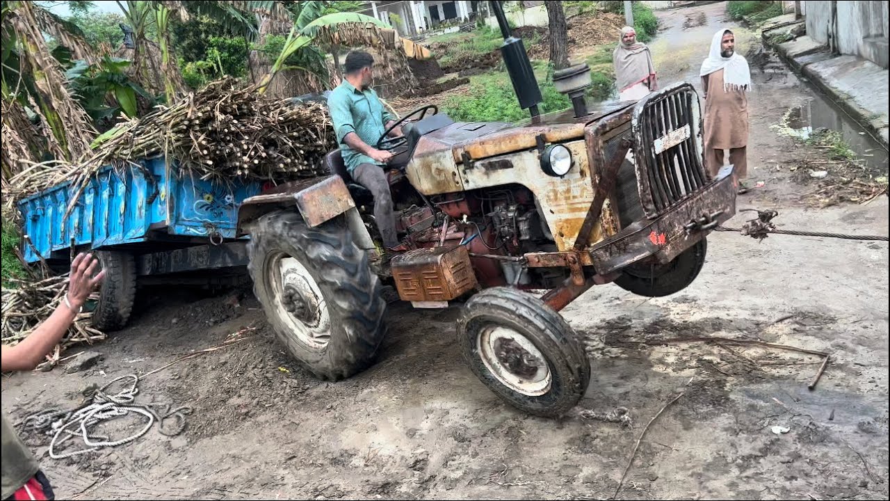 Farmtrac6055 Mahindra 575 escort 335 गन्ने से भरी टरोलि निकाली चार ट्रैक्टर के टायरों से निकला धुआँ
