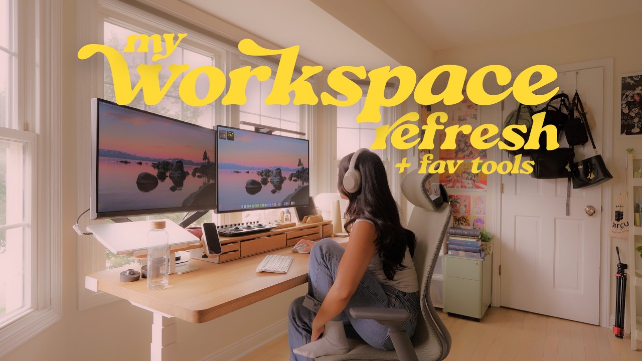 YouTube thumbnail for “my desk refresh for a better creative workflow | BenQ PD3225U + PD2732U” by Dani Lee