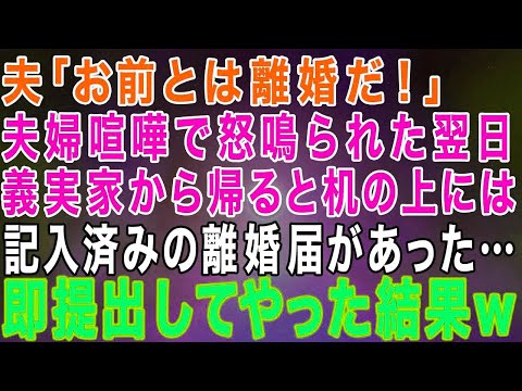 【スカッとする話】夫「お前とは離婚だw」夫婦喧嘩で怒鳴られた翌日、私は義実家へ→帰宅すると机の上には記入済みの離婚届が置いてあったので、そのまま提出してやった結果