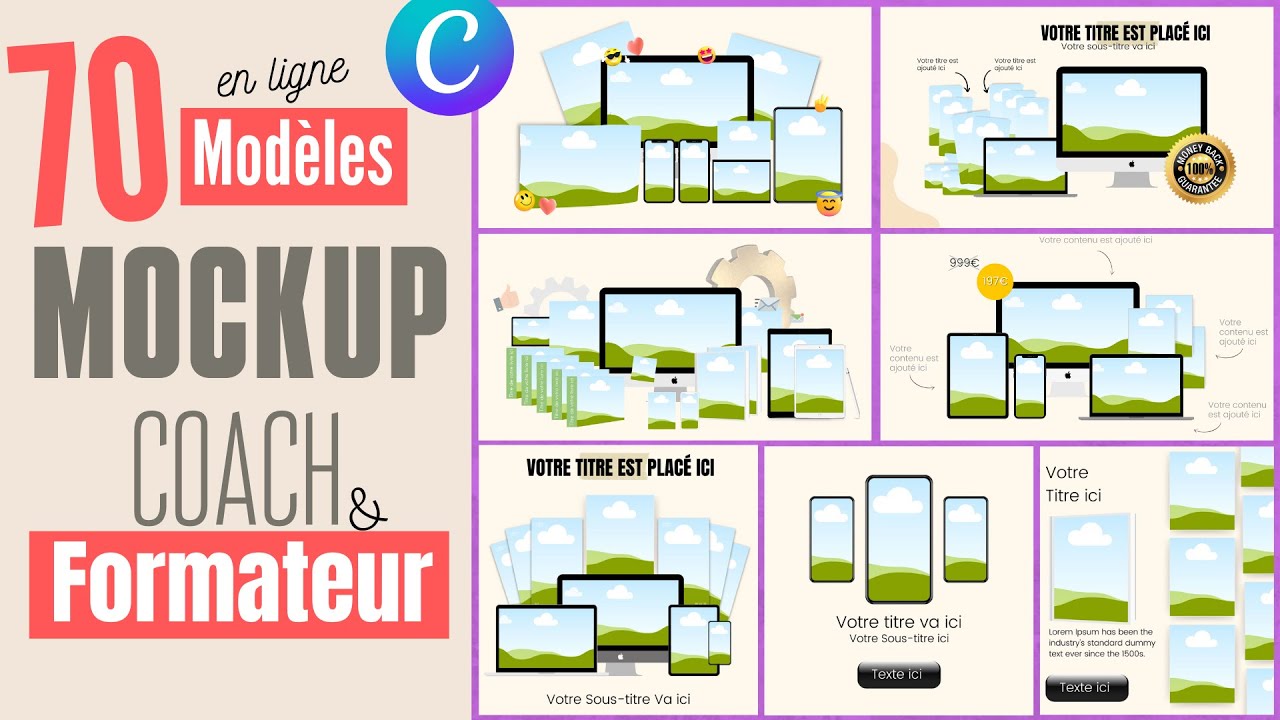 vous fournir 70 modèles de Mockup editable sur canva pour la vente de vos produits digitaux