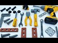 7 minutes satisfying unboxing yellow repair tool set toy electric drill wrench hammer screw ASMR