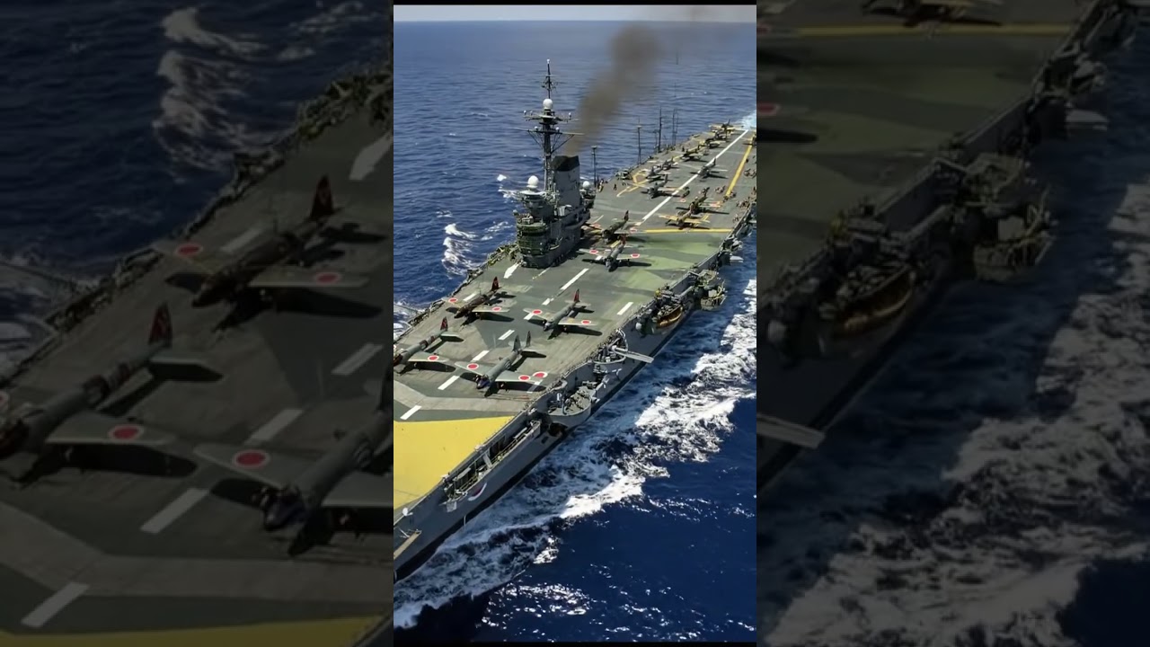 IJN Zuikaku in late-war green disruptive flight deck camouflage steaming at high speed
