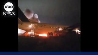 4 seriously injured after plane skids off runway and catches fire