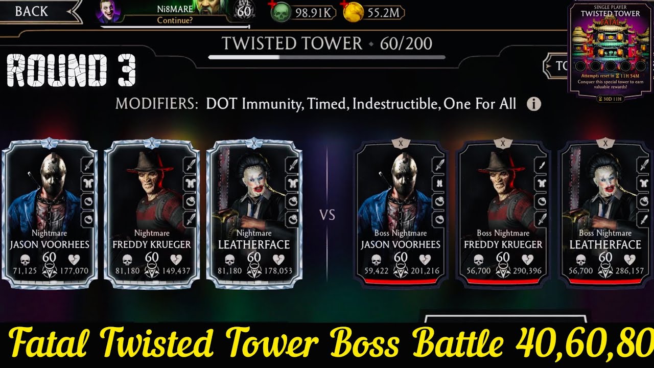 Boss Nightmare Vs Nightmare Team | Fatal Twisted Tower Battle 40, 60 & 80 Fight + Reward | MK Mobile