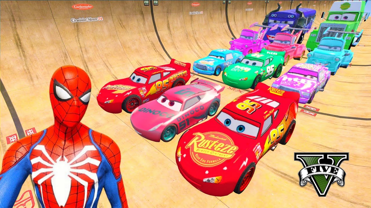 Spiderman McQueen Friends 🚘 Cars Vagrant Ramp Stunt Challenge Superhero Mack Truck Racing GTA V