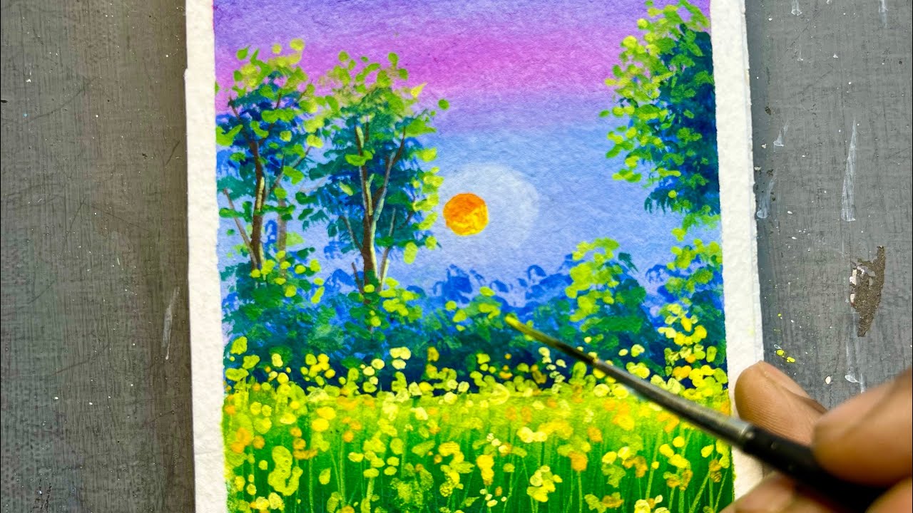 Gouache Painting of Flower Field & Sunset | Satisfying Art