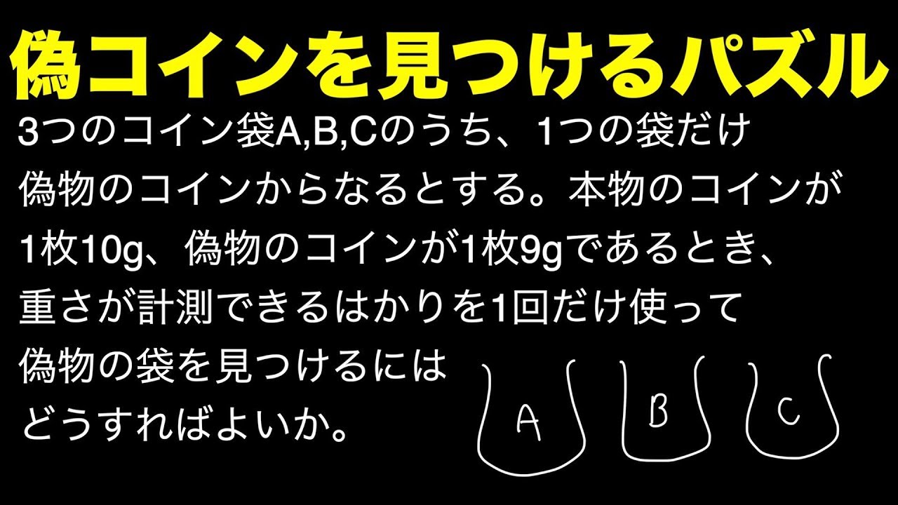 偽物コインが入った袋を1回の計測で判定する