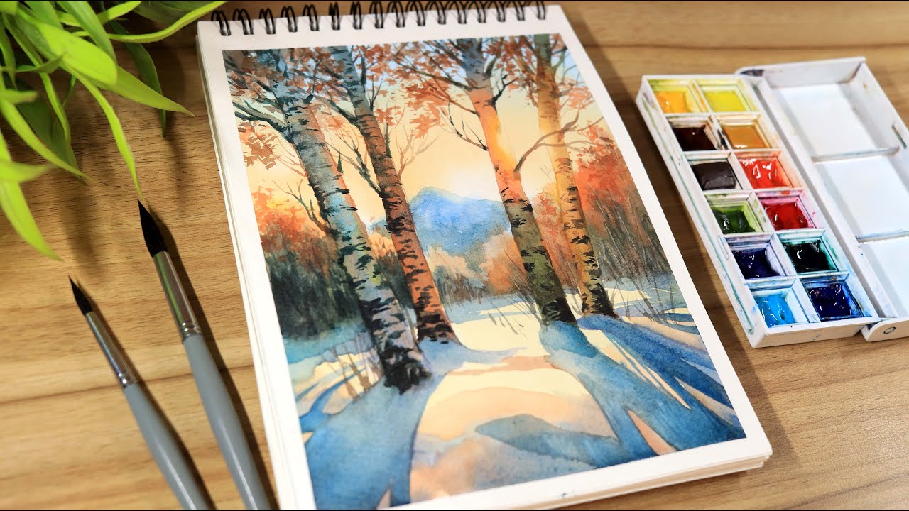 Watercolor painting of Sunset Rural Winter and Trees Landscape