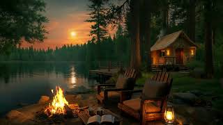 Lakeside Campfire Ambience at Sunset | Crackling Fire, Owls, Water & Nature Sounds to Relax