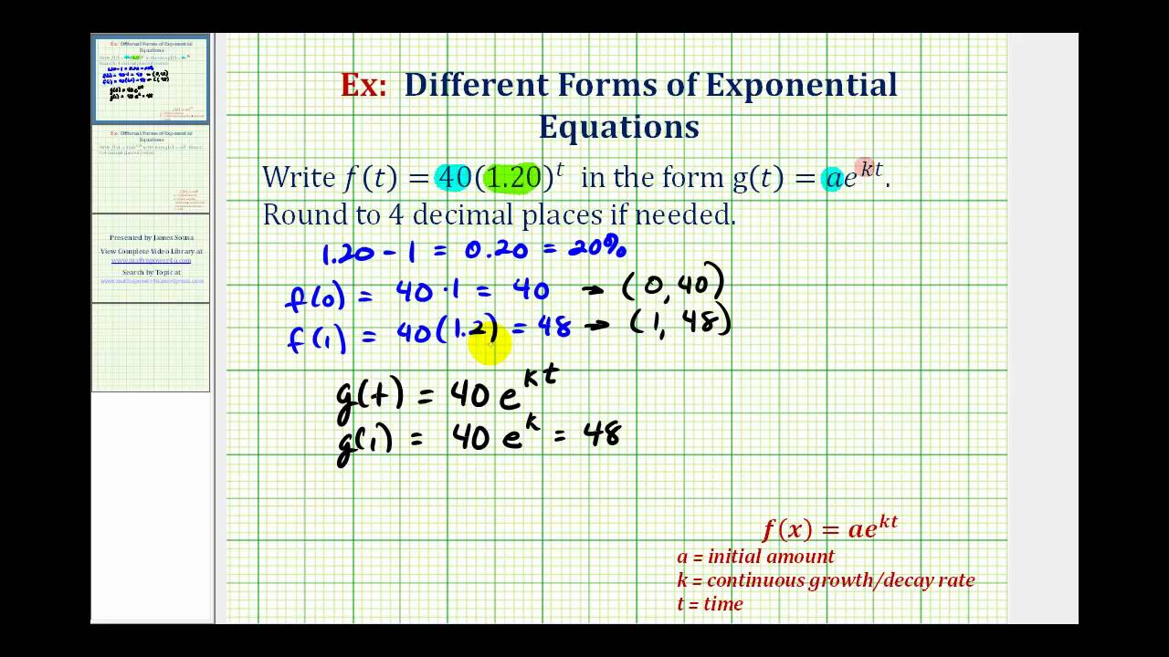 Ex Rewrite Exponential Functions Y Ab T To Y Ae Kt Youtube