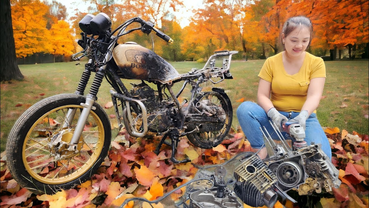 The girl successfully repaired and restored 80% of the motorbike picked up from the scrap yard