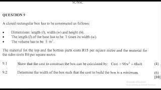 B | NOVEMBER 2020 GRADE 12 MATHEMATICS P1 - Calculus Application, Rectangular Box | PAPER 1