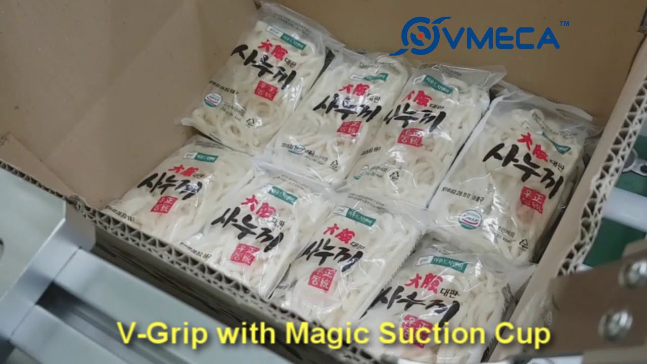 Plastic Noodle Package Handling by VMECA Vacuum Gripper with Magic Suction Cups