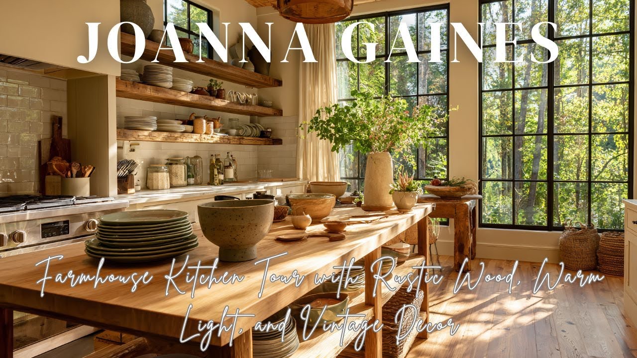 Joanna Gaines Farmhouse Kitchen Tour with Rustic Wood, Warm Light, and ...