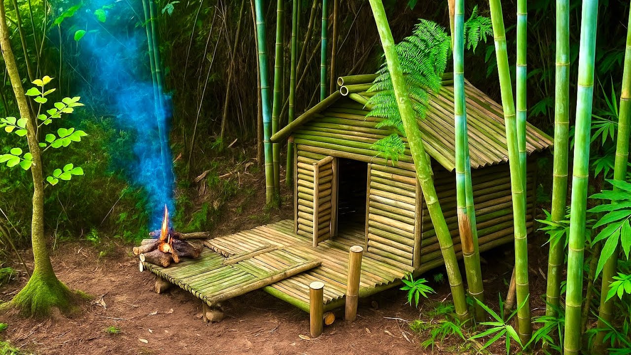 Building a Bamboo Hut in the Forest | Solo Overnight Survival