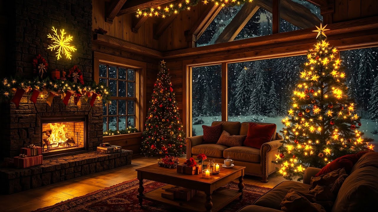 Golden Christmas Lights Fill a Quiet Cabin Night While Snow Falls Outside | Fireplace Jazz Ambience