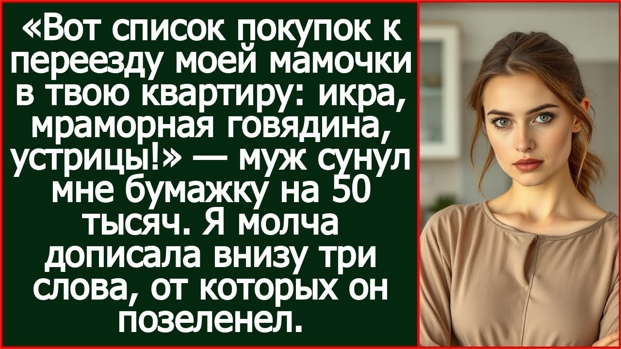 Дорогая, вот список покупок к переезду моей мамы в твою квартиру- икра, мраморная говядина, устрицы