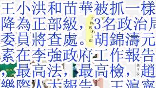 王小洪和苗华被抓一样降为正部级，3名政治局委员将查处。胡锦涛元素在李强的政府工作报告，和最高法，最高检的报告，赵乐际人大的报告，王沪宁的政协报告横向对比。习近平金山银山遭全面下架。彭丽媛失踪两个月