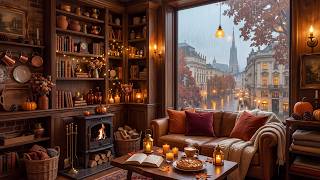 Autumn Jazz Music 🍂 Rainy Coffee Shop with Soft Piano, Fireplace Sounds & Cozy Café Vibes screenshot 1