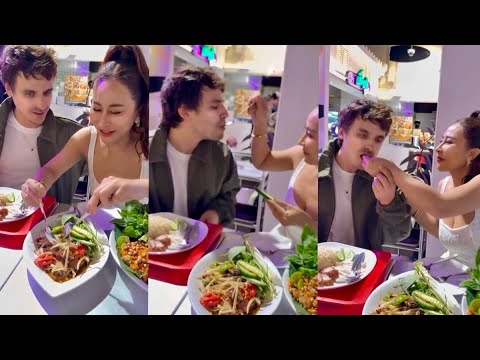 Max eats papaya salad for the first time. As requested, P'Lala feeds him the cute papaya salad.