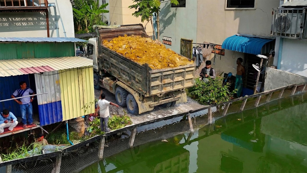 Wonderful New Project! Landfill Using Skill Dozer D20A Pushing RockSoil Into Water with Trucks