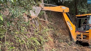 Felling Trees and Removing Tree Roots on the way of New Mountain Road-JCB Backhoe