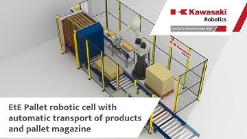 Kawasaki Robotics: EtE Pallet robotic cell with automatic transport of products and pallet magazine