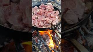 طهي اللحم في الطبيعة على الحطب 